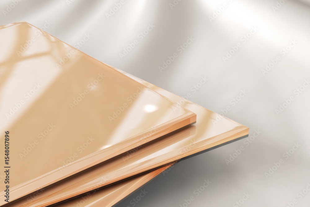 Aufkleber Open hardcover notebook with blank pages on smooth reflective surface illuminated by bright natural light with soft shadows