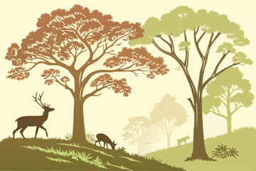 Watercolor forest scene with deer and trees