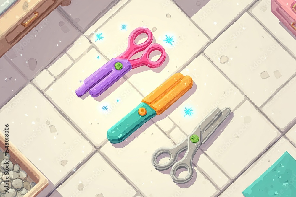 Poster colorful and varied scissors arranged on a tiled surface in a creative workspace with crafting mater