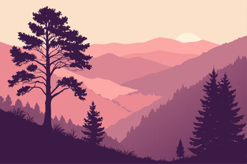 Watercolor sunset landscape mountains and sky vector illustration