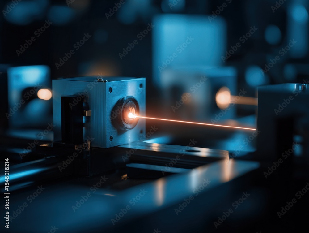 Poster close-up of a high-tech laser beam cutting through a metallic surface in a modern industrial laborat