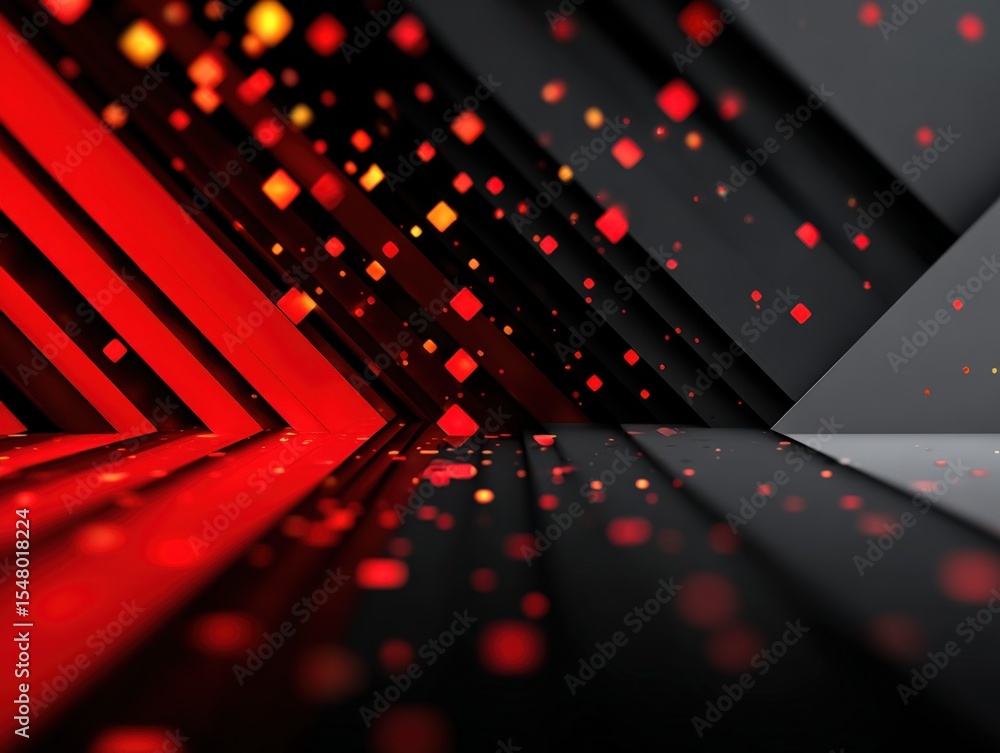 Poster Abstract geometric background with dynamic red and black 3D shapes and glowing digital particles for technology and innovation themes