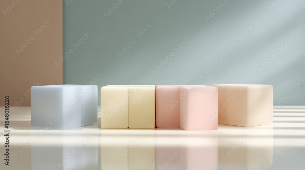 Poster minimalist composition of soft colored cubes in pastel tones on a light reflective surface with natu