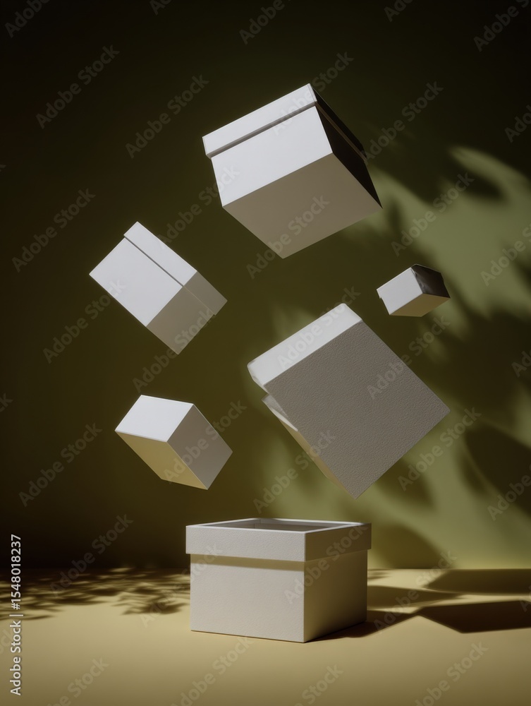 Poster Abstract Minimalist White Cube Boxes Floating and Falling Against Dark Shadowed Background with Dramatic Lighting and Shadows