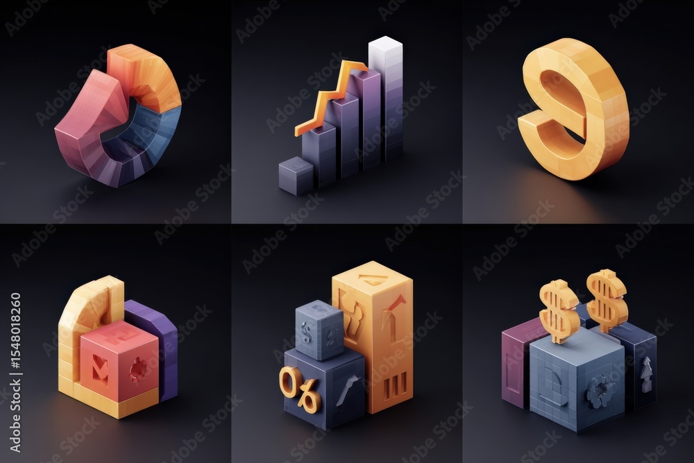 Aufkleber colorful 3d isometric data visualization icons set featu pie chart bar graph percentage and financia