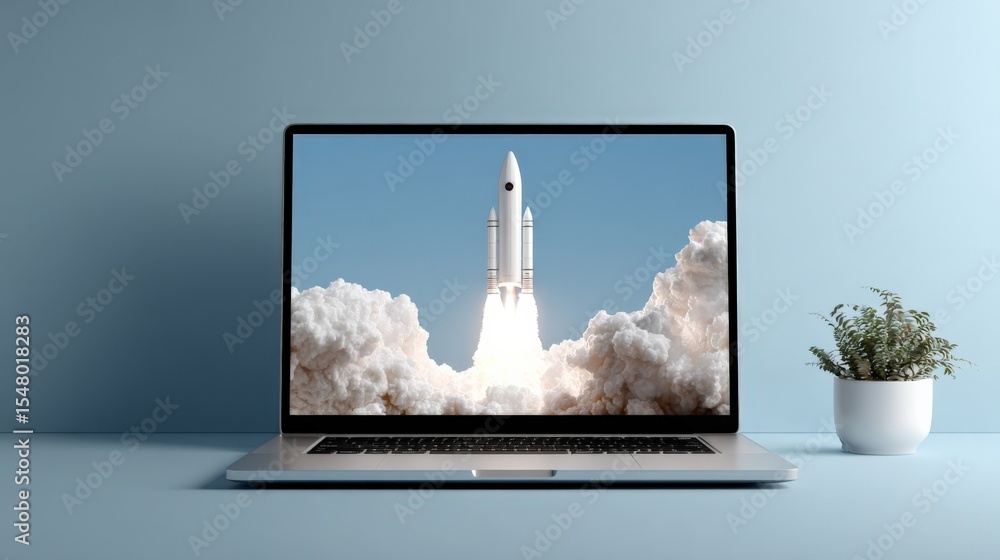 Aufkleber Modern Laptops Displaying Rocket Launch with Smoke and Clouds Digital Art in Minimalist Workspace Scene with Plant