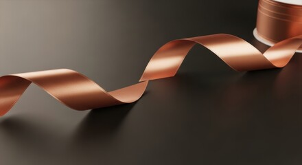 Rose gold satin ribbon elegantly curls on a dark surface, showcasing its sheen and texture.