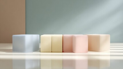 Minimalist Composition of Soft Colored Cubes in Pastel Tones on a Light Reflective Surface with Natural Light Shadows
