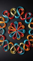 Colorful paper ribbons arranged in a circular floral design against a dark background.