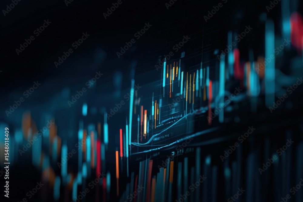 Poster Dynamic digital financial data chart with colorful lines and bars representing stock market fluctuations and investment trends on dark background