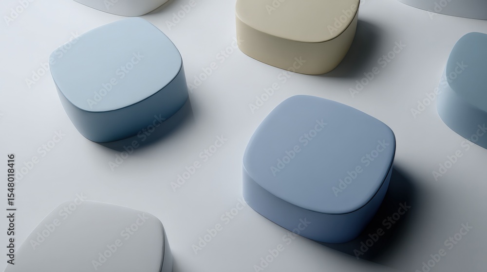 Poster colorful smooth rounded pebble-shaped objects in soft pastel shades arranged on a clean white backgr