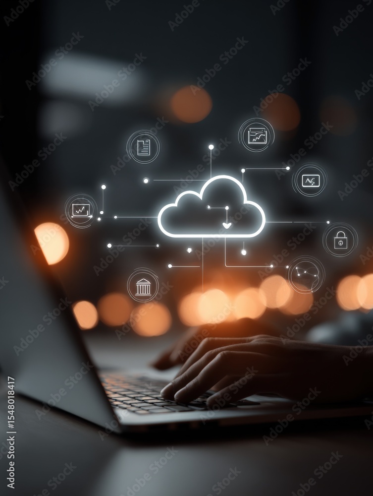 Poster modern cloud computing technology with digital data icons representing cloud storage internet securi