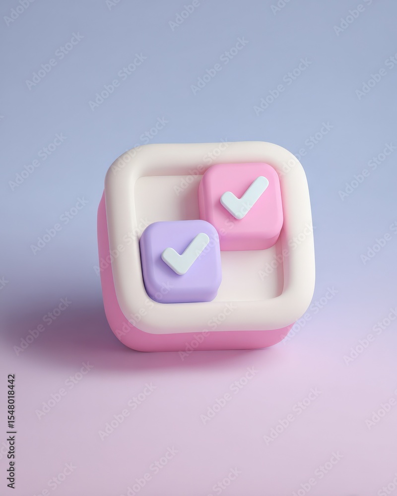 Poster Modern 3D Illustration of Square Devices with Checkmarks in Pastel Colors for Technology and Productivity Concepts