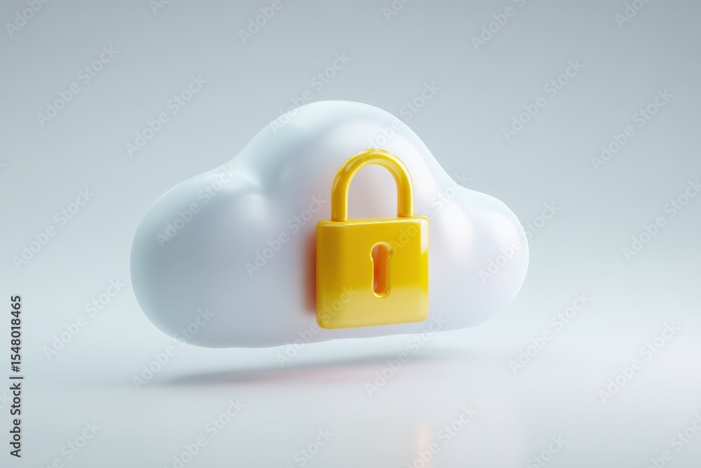 Poster Cloud Storage Security Concept with White Cloud and Yellow Lock Icon Representing Data Protection and Privacy in Cloud Computing Environment