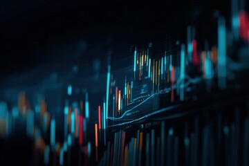 Dynamic digital financial data chart with colorful lines and bars representing stock market fluctuations and investment trends on dark background