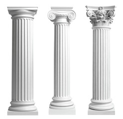 doric, ionic, corinthian ancient greek columns in white color isolated on white