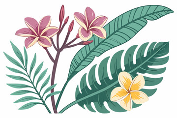 Watercolor tropical leaves and flowers design set