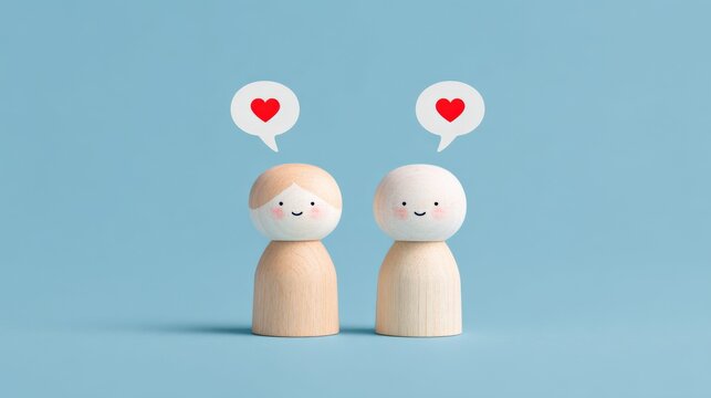 Two cute wooden figurines with smiling faces and heart speech bubbles representing love friendship or relationships on a light blue background - Powered by Adobe