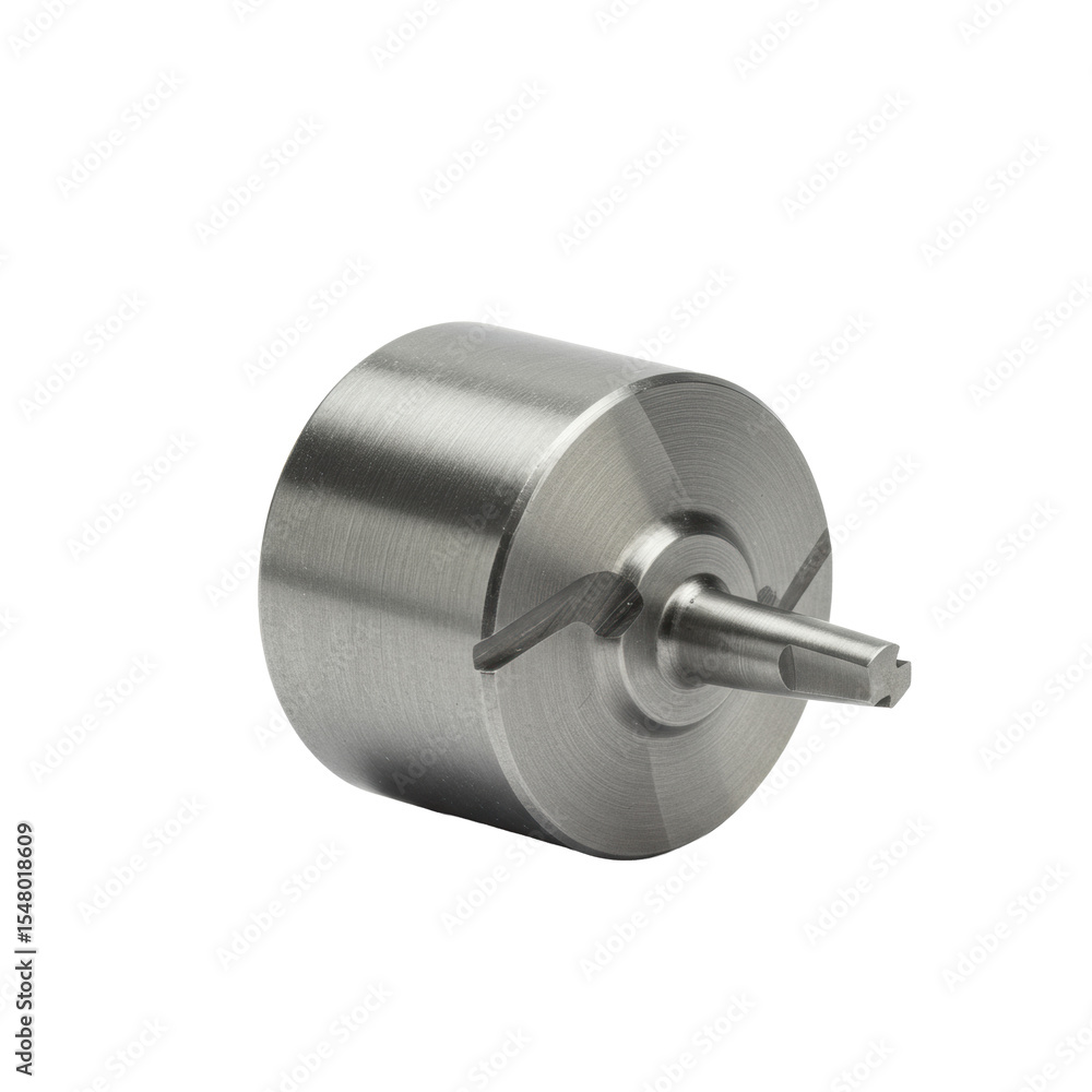 Poster a single, metallic wood plug cutter bit with precise fluted cutting edges and a pointed tip, smooth 