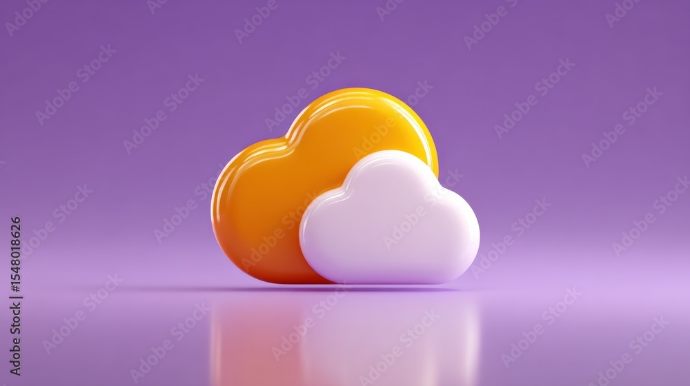Poster cloud storage concept with overlapping orange and white clouds on smooth purple surface and gradient