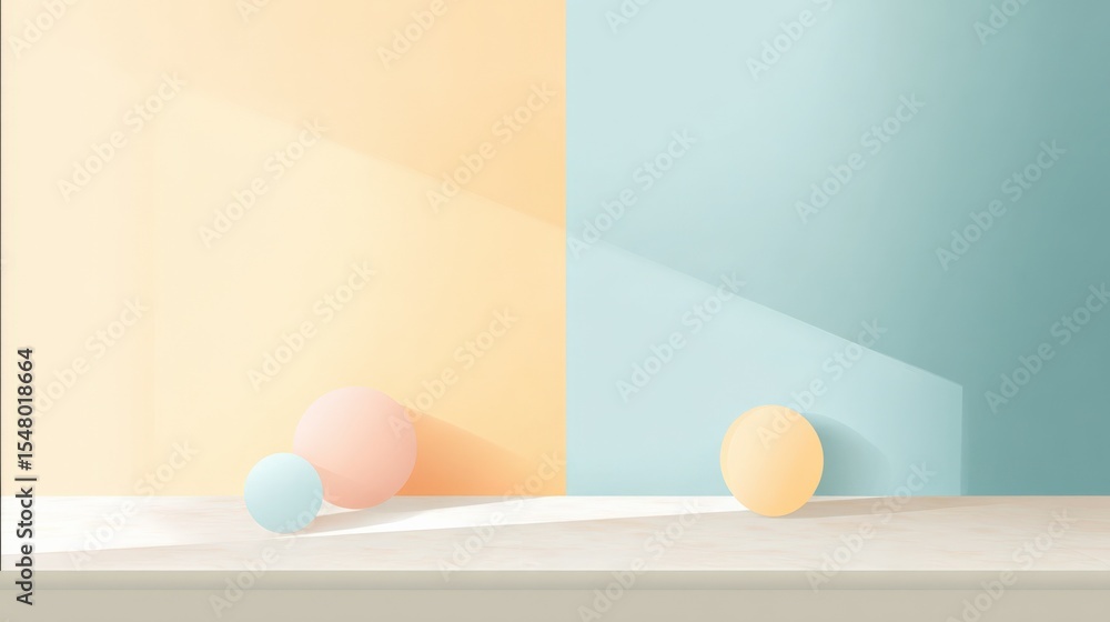 Poster minimalist abstract composition with soft pastel colored spheres and geometric shadows on light wood