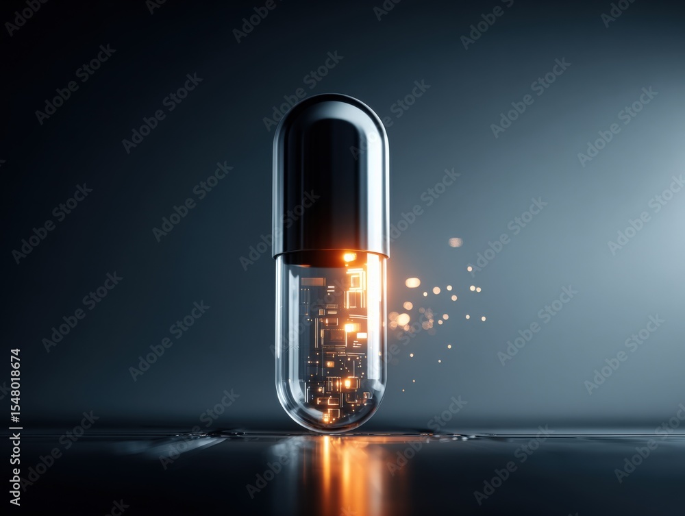 Poster Futuristic Capsule Design with glowing interior electronics and floating particles on dark background for technology innovation science concept