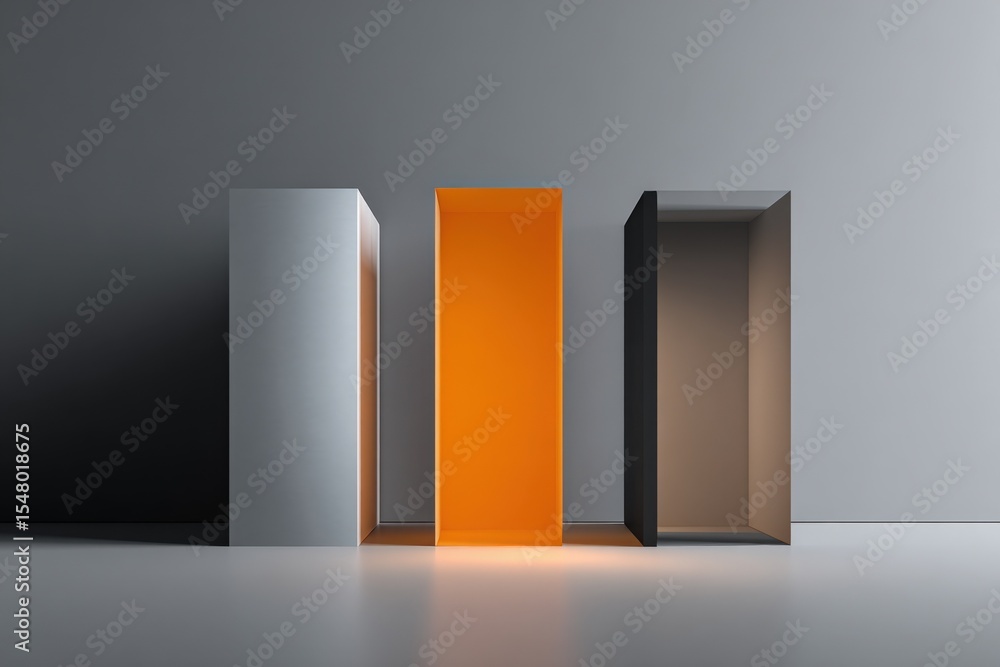 Poster modern minimalist three door display cabinets with contrasting colors and sleek design in a contempo