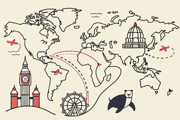 Hand drawn quirky world map with colorful landmarks