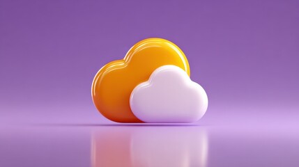 Cloud storage concept with overlapping orange and white clouds on smooth purple surface and gradient background representing data storage technology