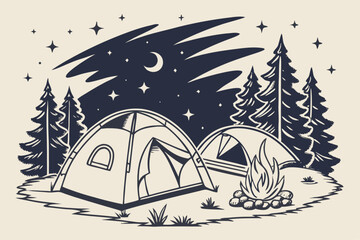 Hand drawn camping scene with tents and nature