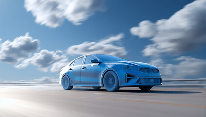 A modern blue car speeds along a long, straight highway with motion blur, showcasing high performance against a dramatic sky with fluffy clouds, ideal for automotive themes.

