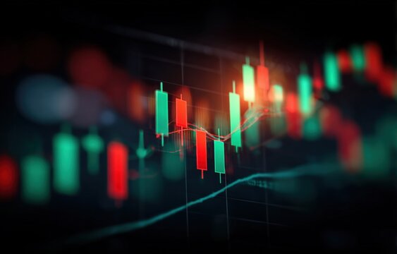 Dynamic financial stock market graph with colorful candlestick charts showing trends and fluctuations in trading data for investment analysis