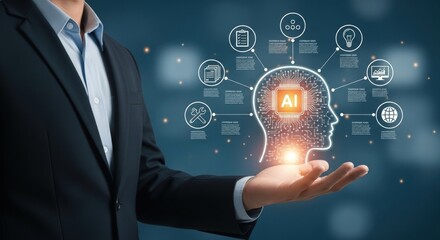 A man in a suit holding a digital ai head with various icons surrounding it on a blue background