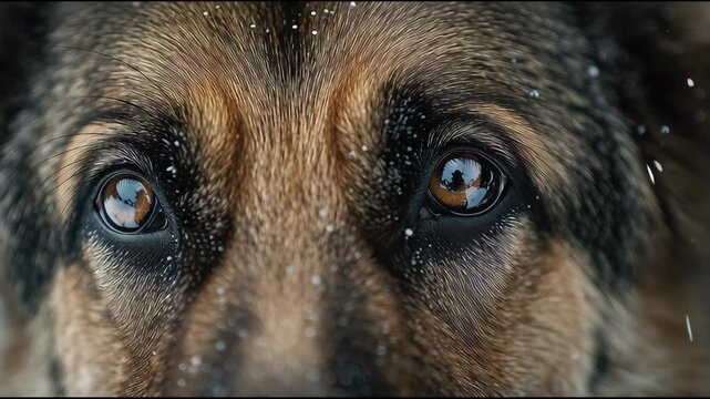 An extreme close-up of a German Shepherd's intelligent brown eyes during a gentle snowfall. A soulful and loyal dog portrait perfect for winter, pet, and emotional content