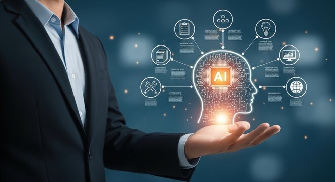 A man in a suit holding a digital ai head with various icons surrounding it on a blue background - Powered by Adobe