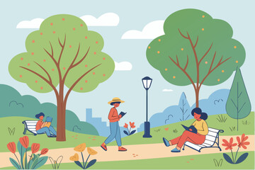 Flat urban park scene with people and trees