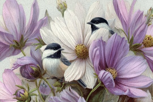 Detailed depiction of a chickadee amidst a bouquet of cosmos flowers.