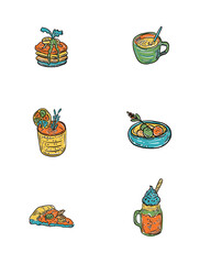 set of food and drinks