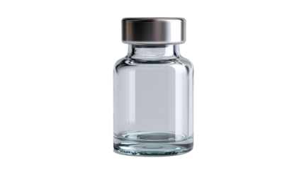 Glass Vial: A sterile glass vial, with a metallic cap, suitable for medical or scientific applications, symbolizing healthcare, medicine, and research.
