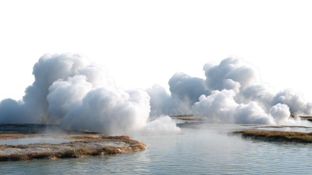 Thermal Oasis: Experience the mesmerizing dance of steam rising from a natural hot spring, as it forms ethereal clouds over the landscape, evoking a sense of tranquility and geological wonder.