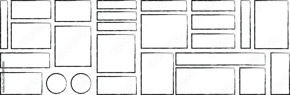 Poster website wireframe layout with rectangles and circles isolated on white background