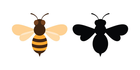 Bee and bee silhouette isolated on white background