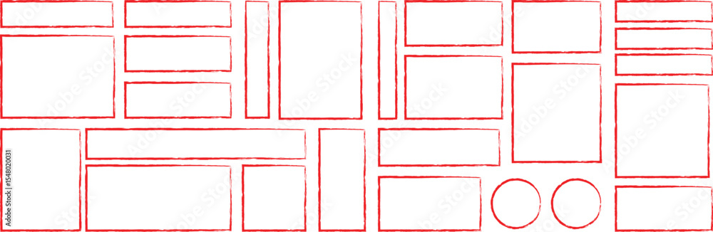 Poster red outline website wireframe layout with rectangles and circles on white background