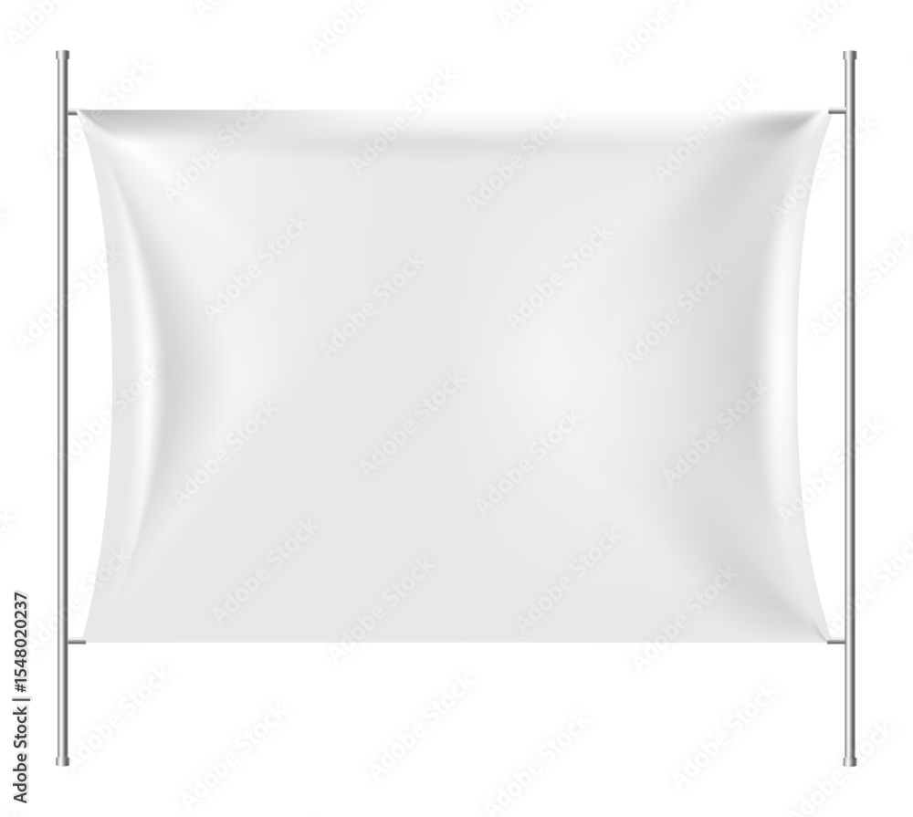 Poster realistic white rectangular flag waving gracefully between two vertical poles against a pristine whi