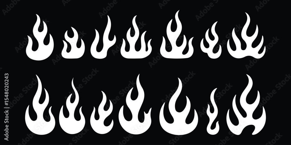 Poster fire flame vector design elements isolated on black background in white color
