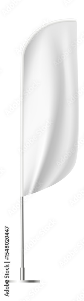 Poster waving white feather flag on a sturdy metal pole with a round base, offering an ideal blank canvas f