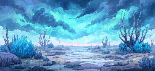 Dreamy digital landscape with vibrant sky and surreal colors showcasing abstract clouds and barren ground in a serene and imaginative environment