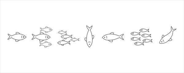Line art illustration of fish swimming isolated on white background