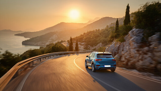 A dynamic blue SUV speeds along a winding coastal road with motion blur, showcasing a thrilling journey through a beautiful mountain landscape and vibrant sunset sky.

