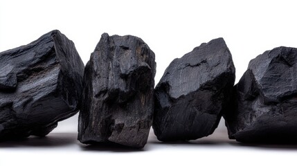 Obraz premium Black stones with rough textures are arranged close together, showcasing their natural form against a clean background, This image can be used for themes such as geology, sustainability